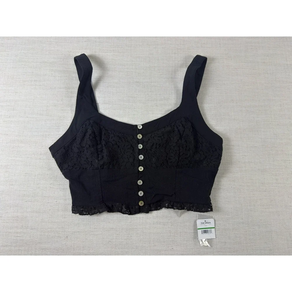 Intimately Free People Black Lace Button Front Crop Top Size L
